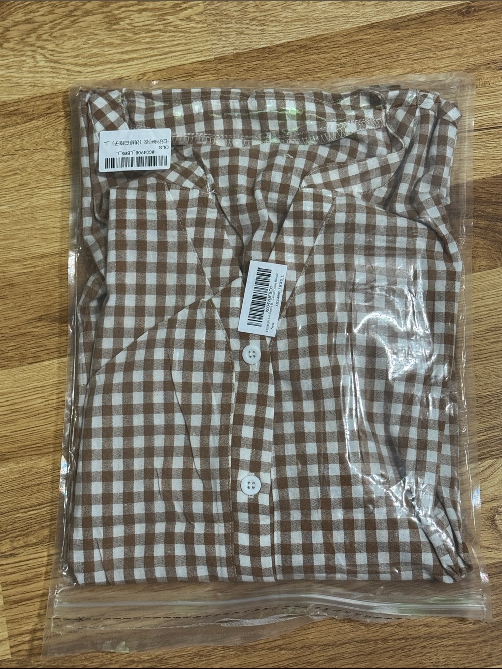 Lomon Brown and White Gingham Button-Front Top L - Picture 8 of 9